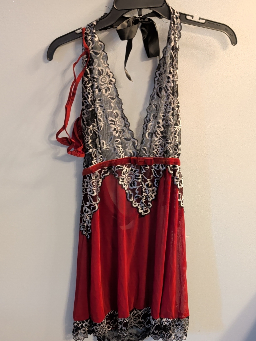 🍉Red Lace Halter Chemise with Black Floral Trim